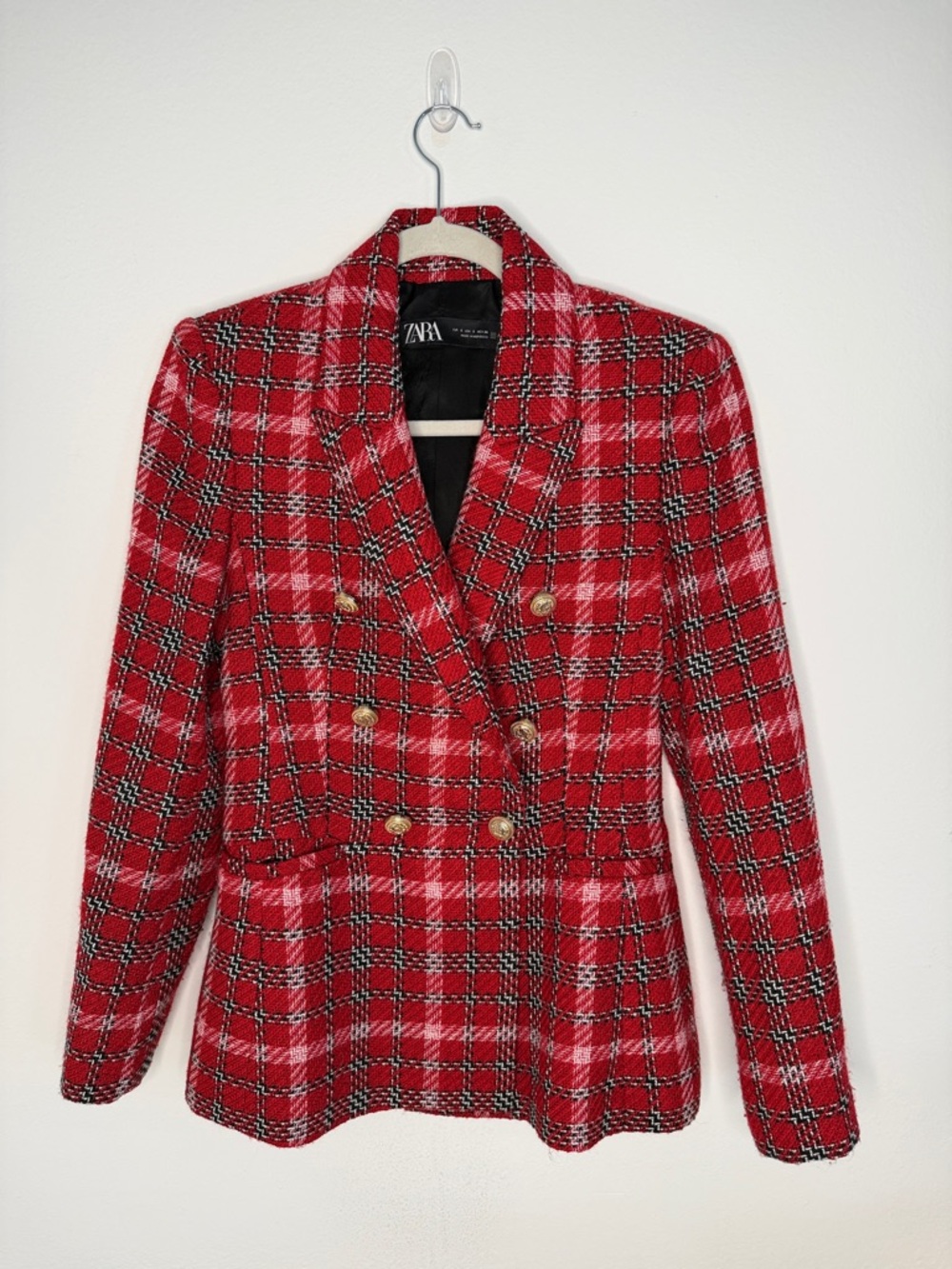 Zara Red Tweed Plaid Blazer Gold Button Double Breasted Jacket Size S